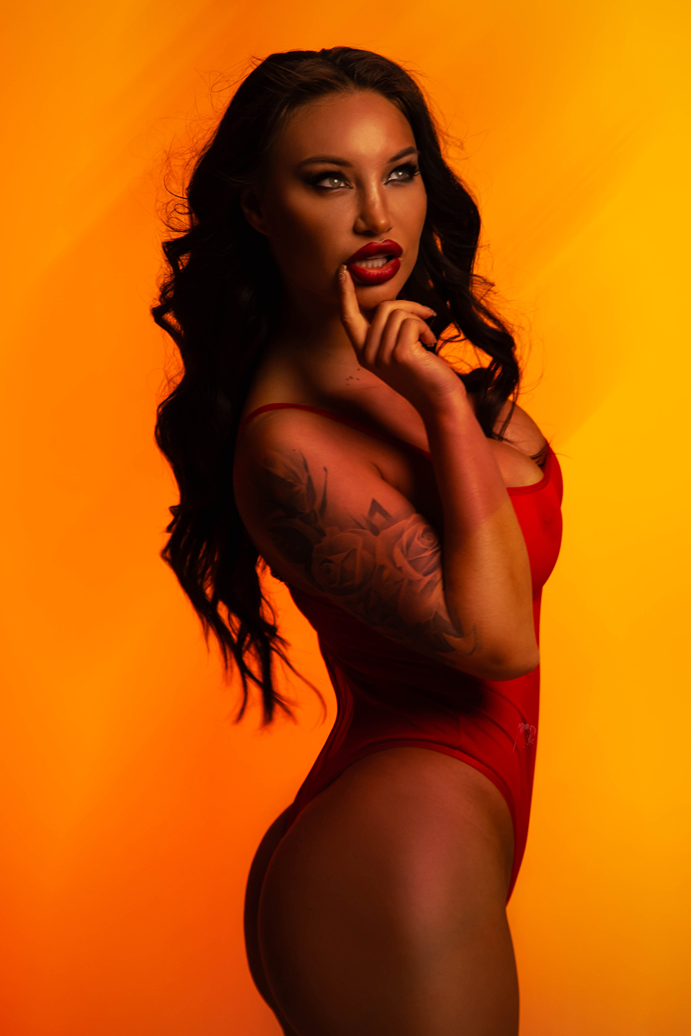 Hot Monika Fox In Red Bodysuit And Black Thigh High Boots!