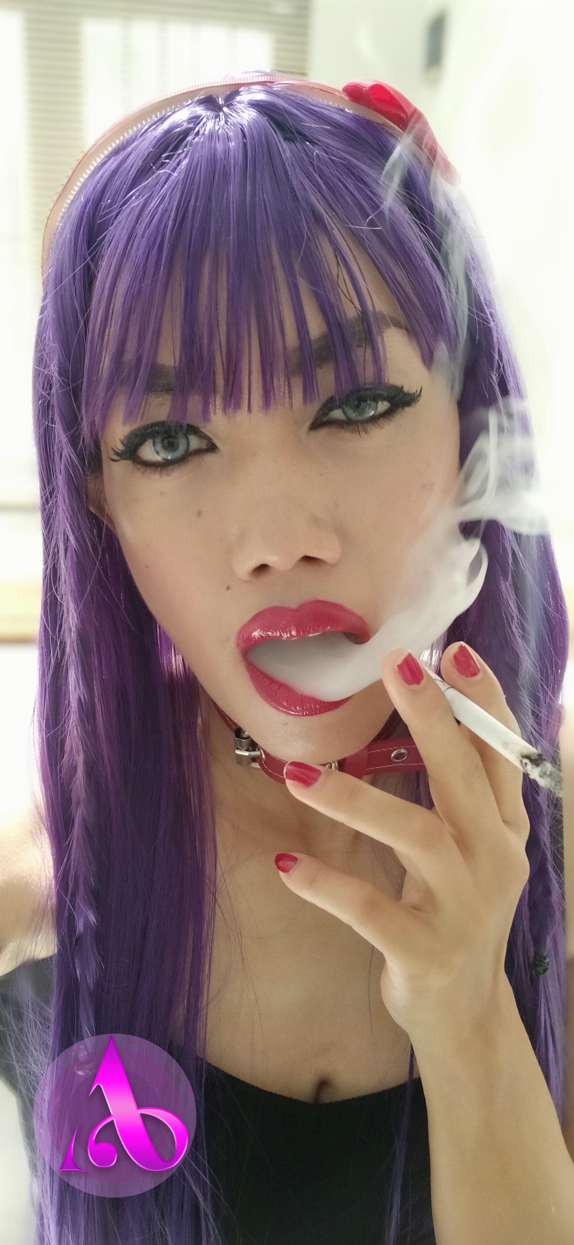 Purple Hair Red Ribbon And Smoking