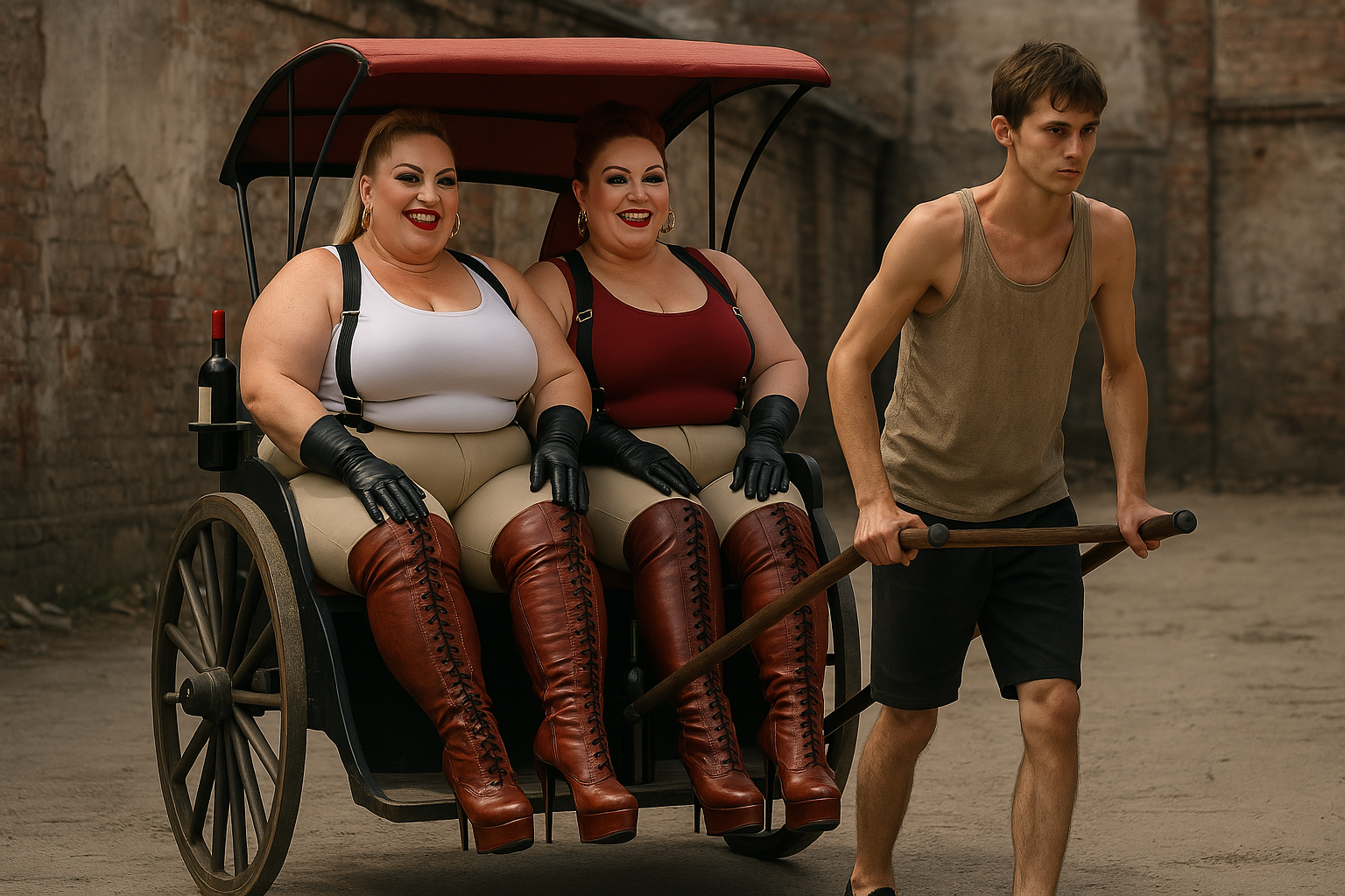 Obedient Rickshaw Servant Humiliated By Dominant Women In Thigh-High Boots, Tight Riding Pants & Total Control
