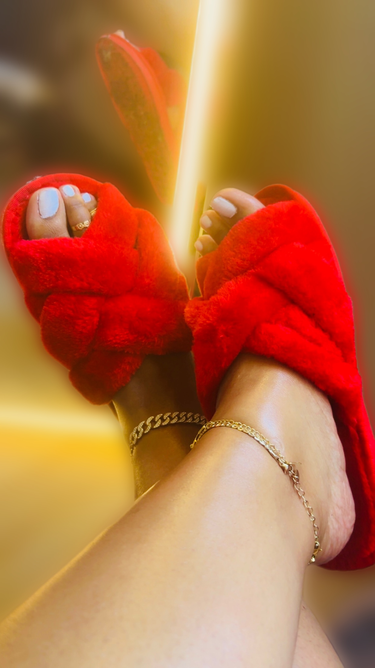 BBW Ebony Findom Feet In Red Furry Slides