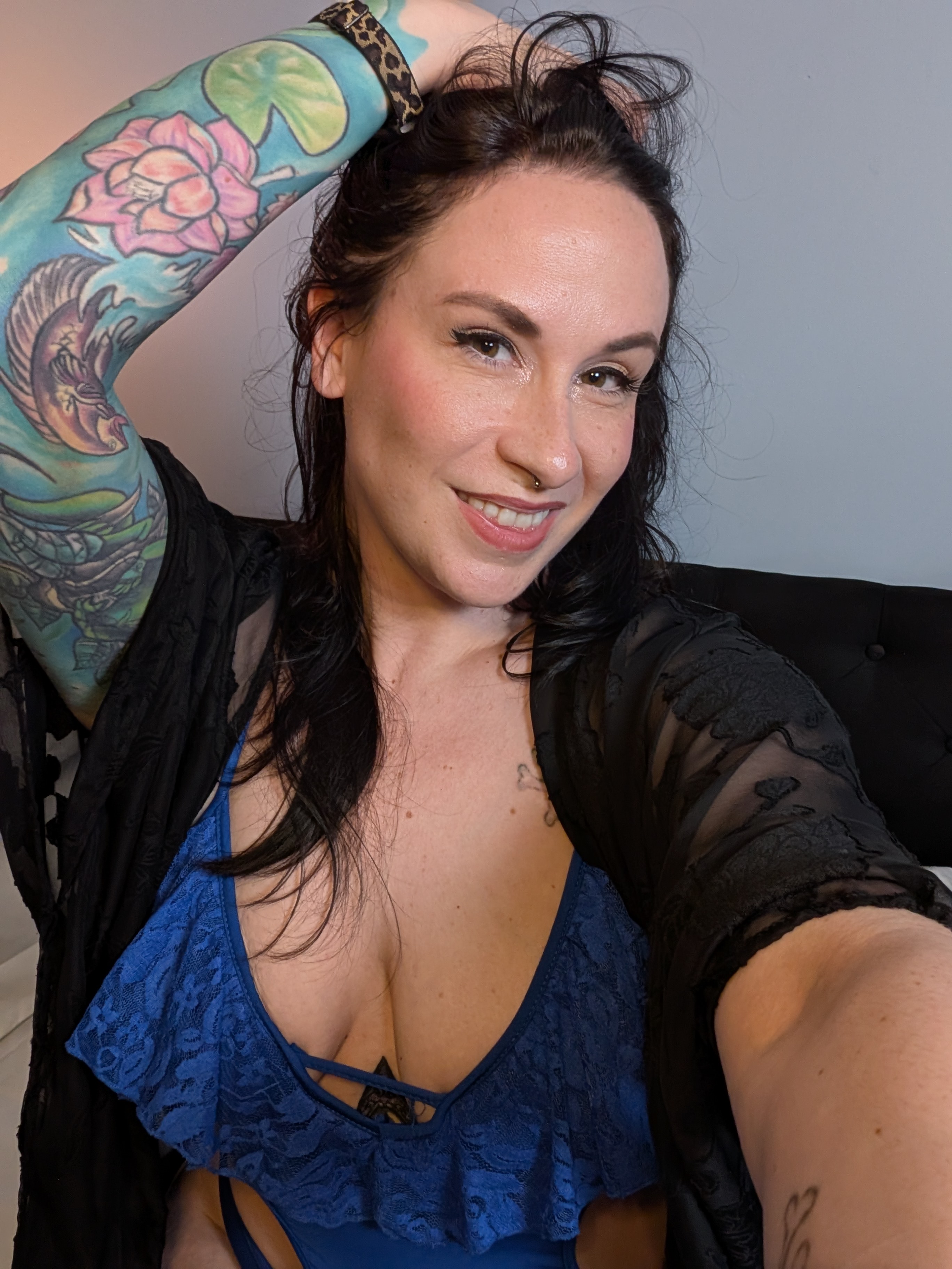 Cozy Goth Tease: Blue Lace Off, Tattoos Out, Panties Soon Gone