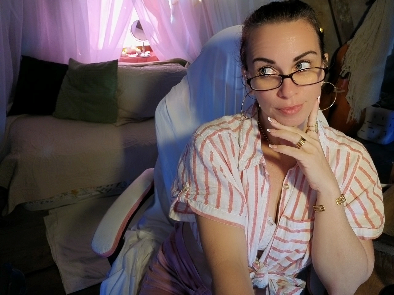 Playful MILF Tease - Pink Shorts, Glasses & Tropical Wedges